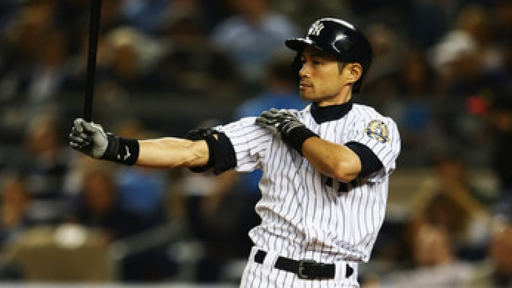 Yankee legend Ichiro caught doing his classic sleeve tug batting stance 