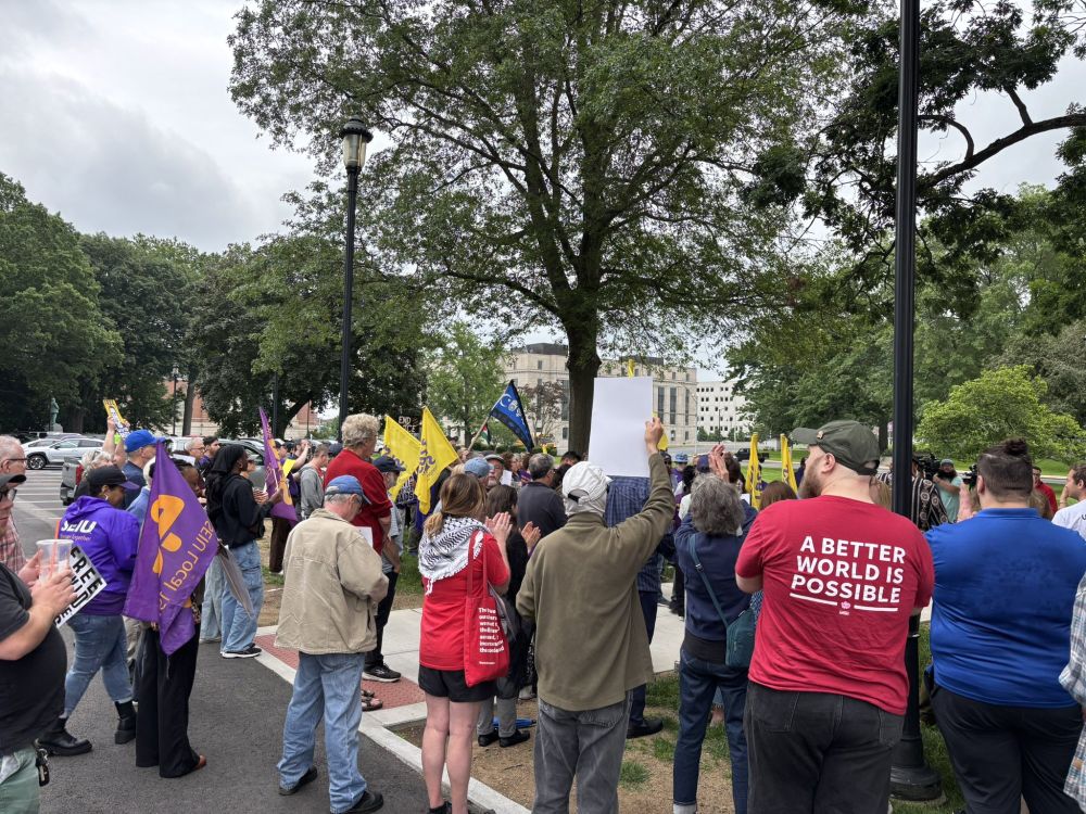 view from back of crowd with DSA tshirts, keffiyehs, SEIU flags