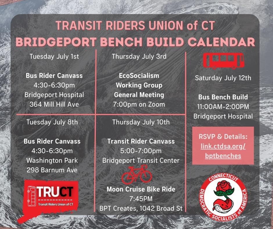 Graphic with five events in July. Find details link.ctdsa.org/bptbenches 
