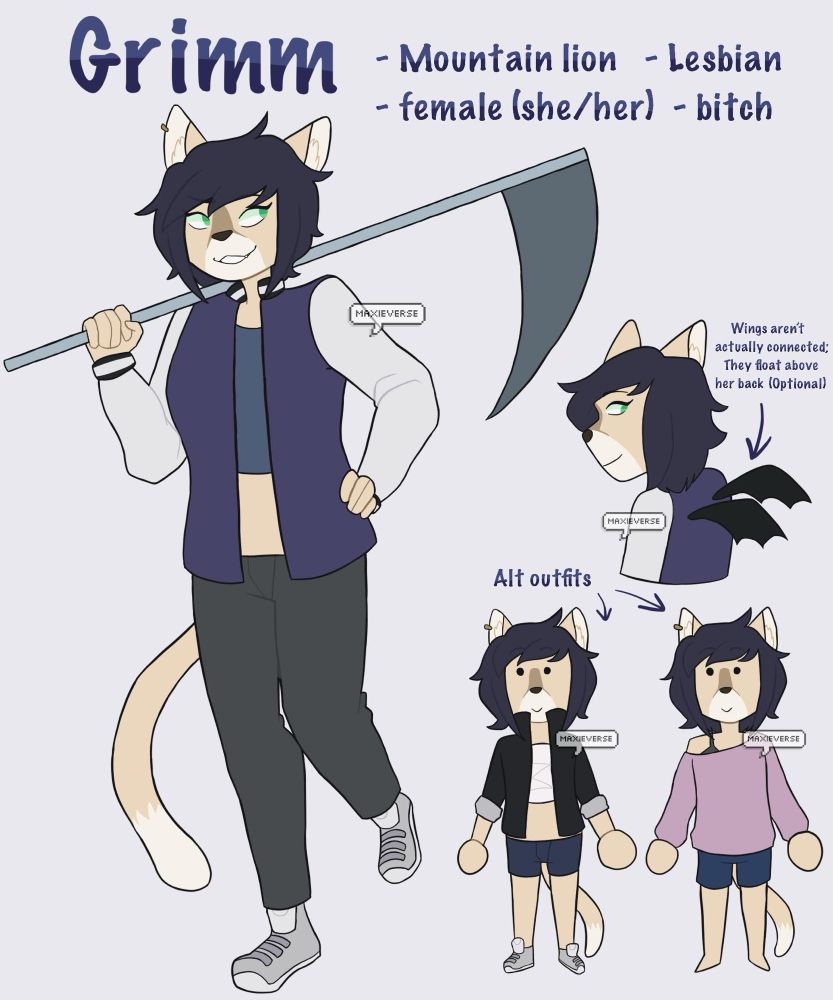 A digital reference sheet artwork of my anthro mountain lion OC, Grimm. She has magical (?) wings that can be summoned to float above her and be used to fly. She wields a large scythe as a weapon. 