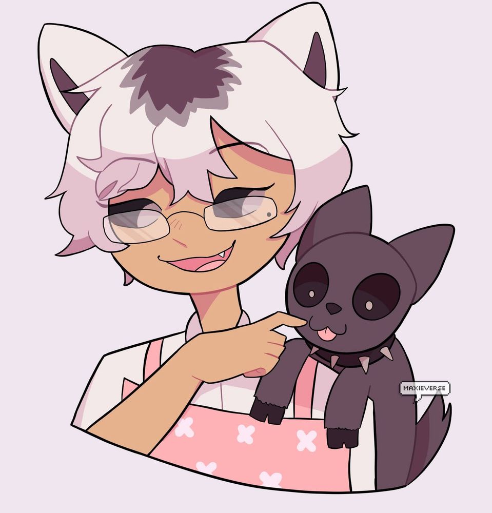 A bust artwork of a kemonomimi character and their pet demon dog. 