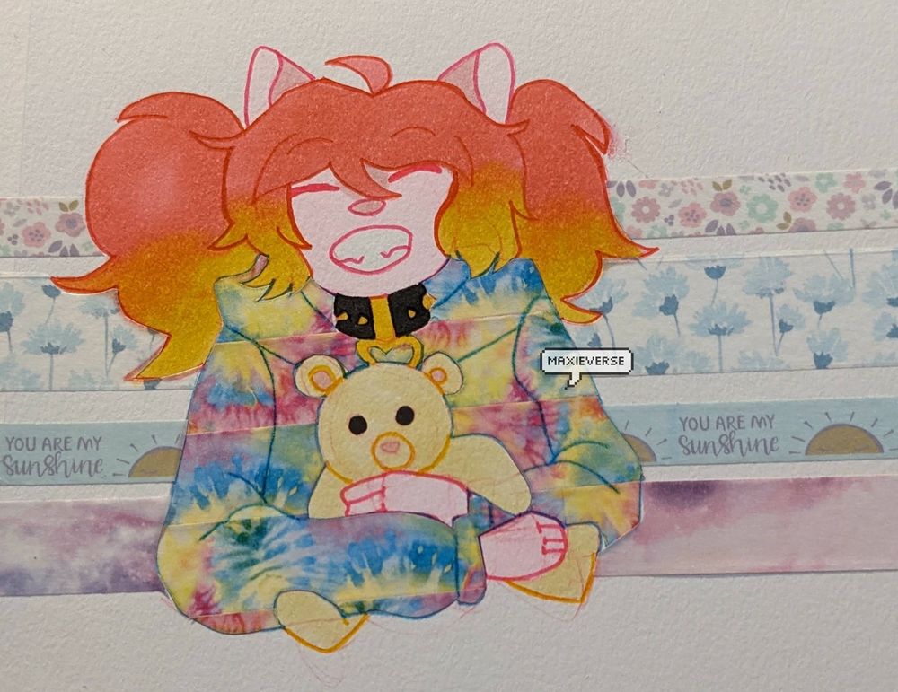 A traditional bust artwork of a feline anthropomorphic character belonging to CalliopeBun on Art Fight. The character smiles brightly while holding a teddy bear. The artwork uses alcohol markers, washi tapes and fineliner pens. 