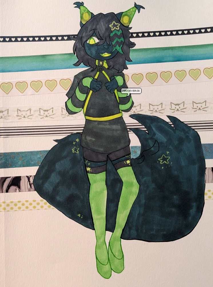 A traditional full body artwork of a cabbit (cat rabbit hybrid) OC belonging to LimeMaide. The artwork uses alcohol markers, washi tapes and fineliner pens.