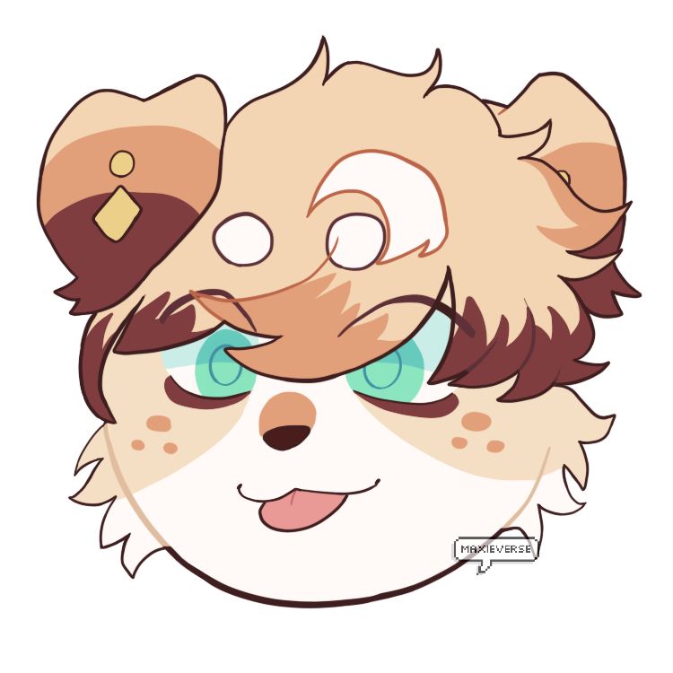 A digital icon artwork of my canine anthro OC, Theo. It has bright teal eyes, and cream and brown fur, with piercings in their ears. They stick their tongue out with a playful expression. 