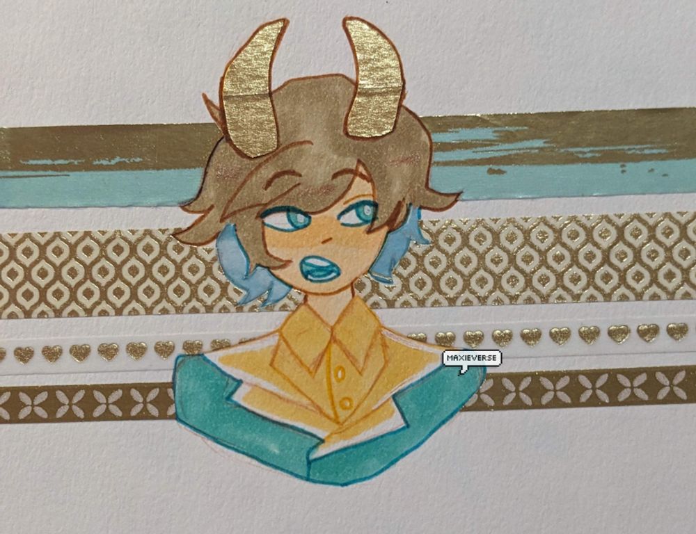 A traditional bust artwork of an OC belonging to Moron1-D on Toyhouse. The artwork uses alcohol markers, washi tapes, fineliner pens, and gel pens. Most of the washi tapes are gold foil. 