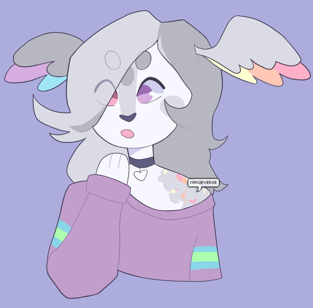 A digital bust artwork of an anthropomorphic OC. They are an undetermined species, but their facial features are cat-like, and they have wings sprouting from their head. They have their hand raised to their face with a mildly surprised expression. 