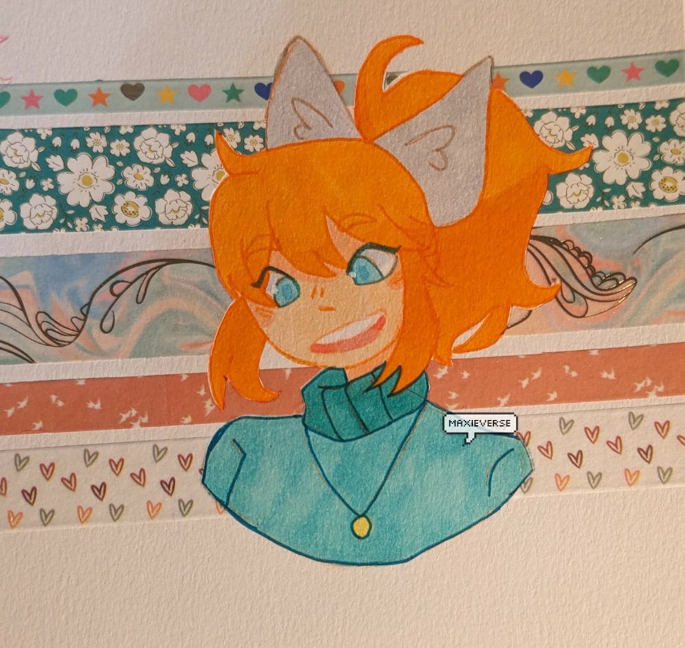 A traditional bust artwork of an OC belonging to user DistantEchoes (the I in distant is an L.) The artwork uses alcohol markers, specifically Ohuhu, washi tapes and fineliner pens. 