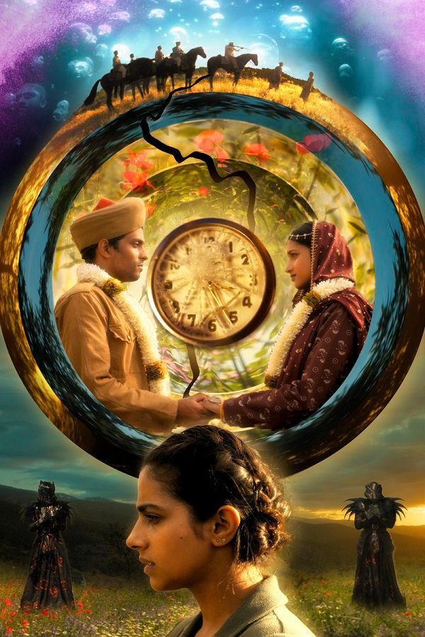 Demons of the Punjab poster – Yaz deep in thought, surmounted by Prem and Umbreen’s marriage set in a broken watch, flanked by Thijarians