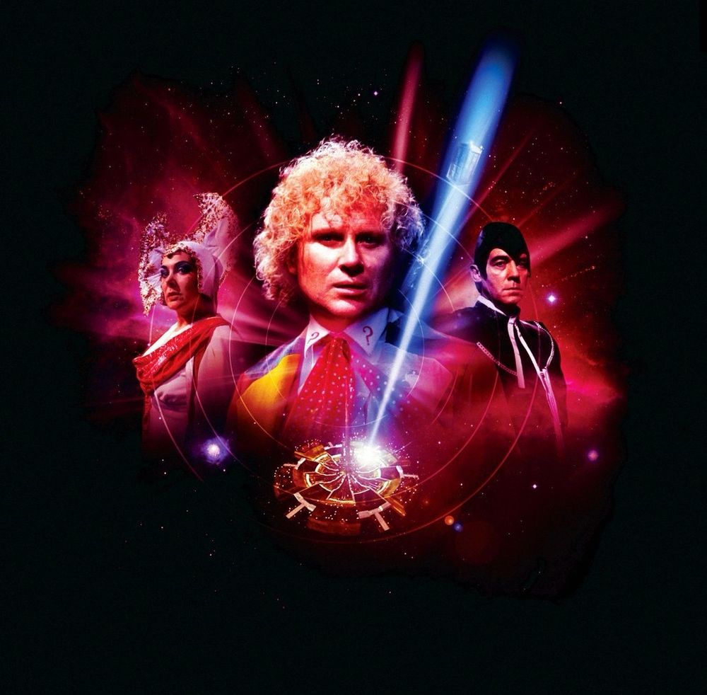 The Trial of a Time Lord – the Doctor (Colin Baker) in many colours (centre), the… Valeyard (Michael Jayston) looming in black, the Inquisitor and a Time Lord space station sending out a beam of light to capture the TARDIS