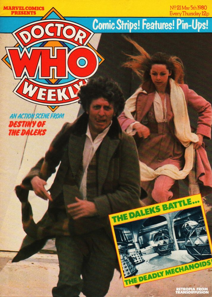 Romana (Lalla Ward) in pink and long white scarf, the Doctor (Tom Baker) in brown and long multi-coloured scarf, both running, in a very memorable action-still on the cover of Doctor Who Weekly 21. This, peculiarly, isn’t in the DVD photo gallery, so this is the best version of the photo I could find (it is – hooray! – on the Blu-ray, but my aged PC can’t read it).