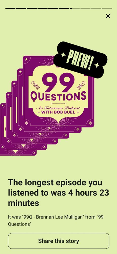 An image showing that the longest podcast episode I listened to was 4 hours and 23 minutes. It was an episode of 99 Questions, featuring Brennan Lee Mulligan.