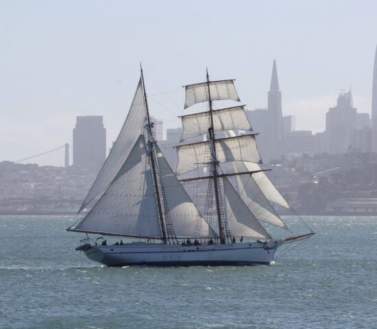 A two-masted ship with a mixture of square sails and fore-and-aft sails on the foremast, and fore-and-aft sails on the after mast, sails on the San Francisco Bay with the skyline of San Francisco in the background. Photo from the website of Call of the Sea, a maritime educational foundation in Sausalito, CA, which owns the ship.