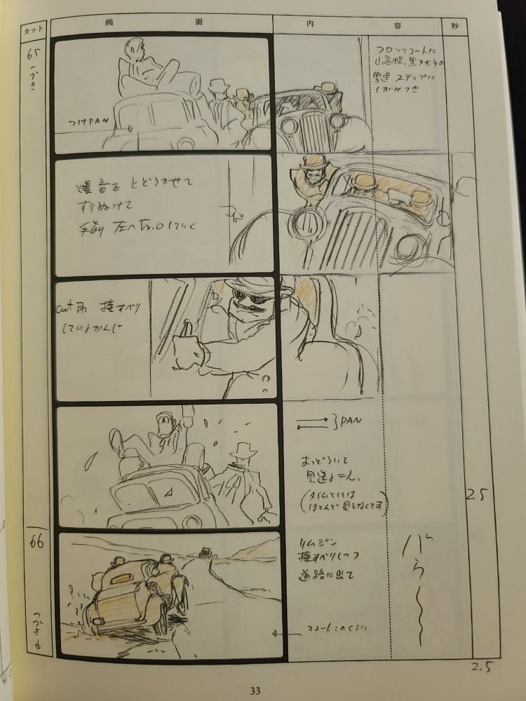 Photo of a page of storyboards, the same ones in the video posted by OP. On it are five panels, all hand drawn in pencil, showing how the camera paning back and forth to follow the action of one car driving around another is laid out.