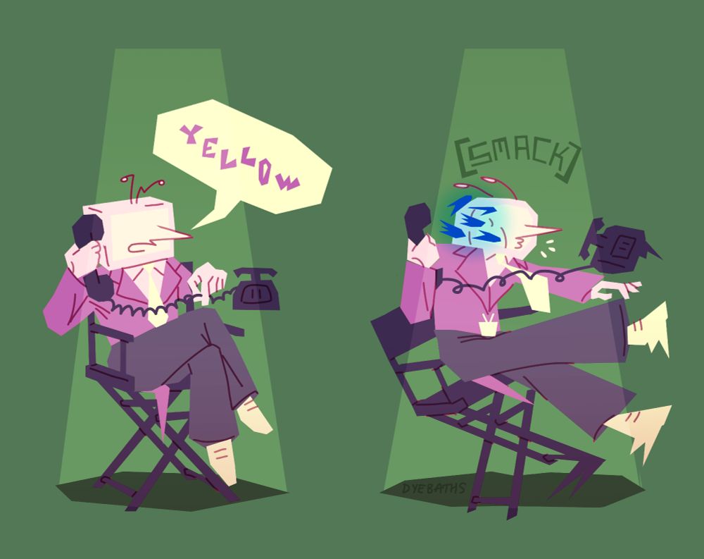A short comic, drawn in a blocky, geometric style. Tenna from Deltarune holds the receiver of a rotary phone to his face and says, "Yellow." Blue pipis shoot out the receiver and hit Tenna in the face. The onomatopoeia is written in Spamton's dialogue boxes, saying, "[SMACK]."