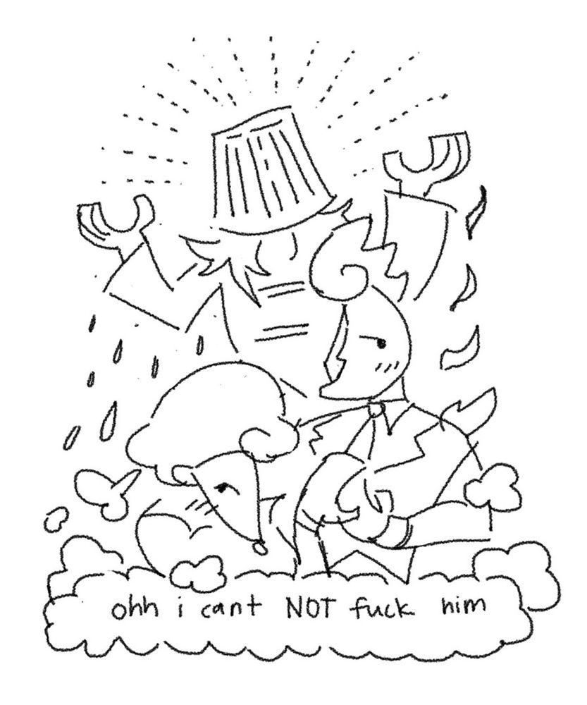 elnina and lanino drawn very simply, looking away from rouxls kaard, who has a lampshade on his head. they are both thinking, "ohh i can't NOT fuck him"