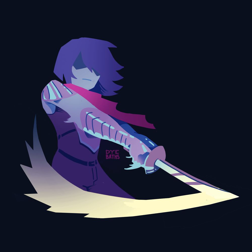 Kris, rendered in gradients and shapes, swipes their sword at the viewer. A trail of neon light follows behind the blade. Their face is in shadow. 