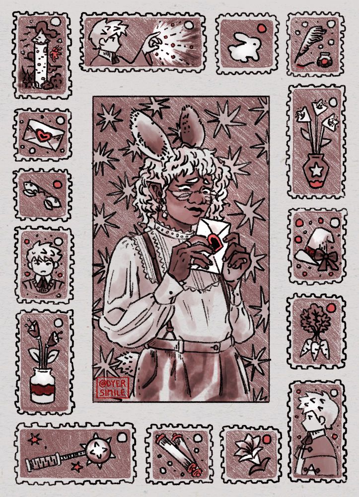 hei, a Black halfling with white shoulder length hair and bunny ears, looks at an envelope sealed with a heart. he's drawn with watercolors and colored pencils. around him are a variety of stamps featuring his own possessions, Guy licec, guy's possessions, and flowers. red and white highlights dot the page.