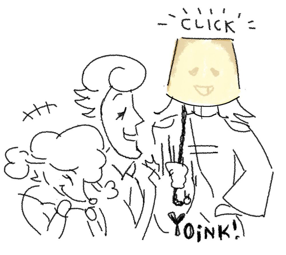 elnina and lanino yank a lampshade chain that turns on the light. rouxls' face is lit from underneath. elnina and lanino giggle.