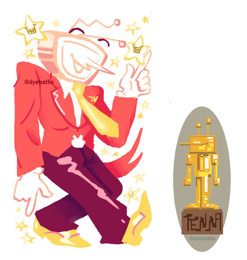 a drawing of tenna, in warm colors, pointing up and down while doing a little kick. stars that look like his star attack frame him in a square. next to this is a golden tenna statue made entirely of 90 degree angles. 