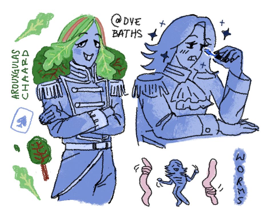 Three drawings of Rouxls Kaard from Deltarune. In the first, his hair is made of leafy greens. Text next to him says, "Arouxgulas Chaard." Several leaves and a playing card are also nearby. The second Rouxls is doing his freakinge makeup. The last Rouxls is very small and dancing with some worms.