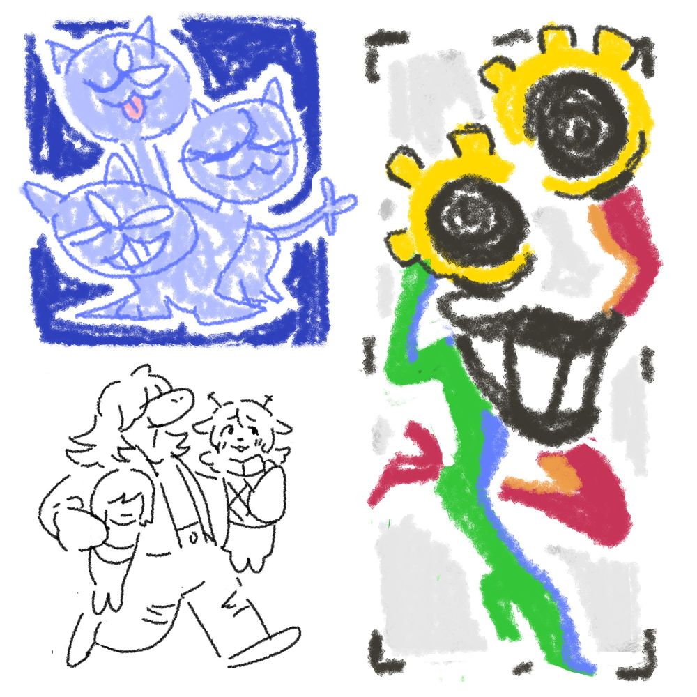 sketchy doodles of clover and shuttah from deltarune. susie picks up noelle and kris in each hand and walks off happily.