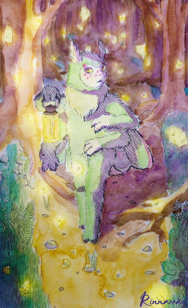 Watercolor drawing of a green anthropomorphic moth with yellow eyes, black sclera, and red freckles holding a lantern walking through a dark forest surrounded by fireflies. The lantern is raised, adn they are looking off to the side.
