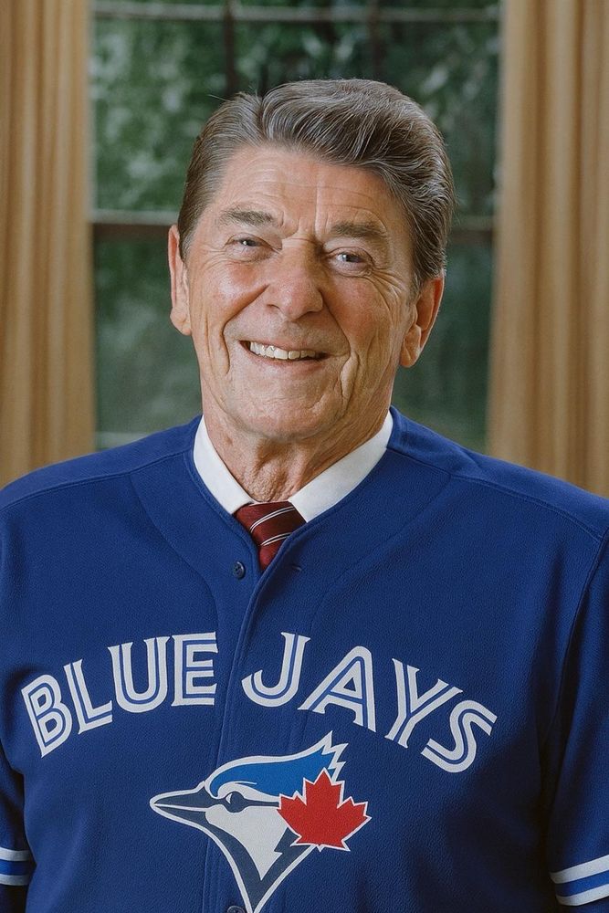 Ronald Reagan wearing a Toronto Blue Jays shirt