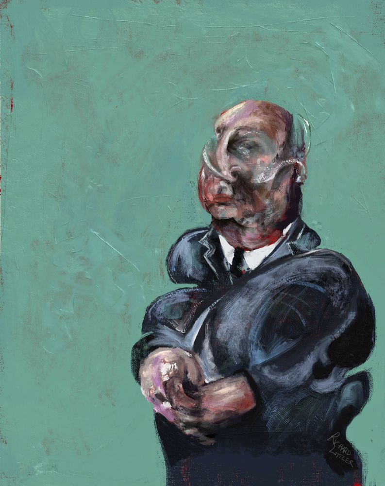 A portrait of Alfred Hitchcock painted in the style of Francis Bacon.