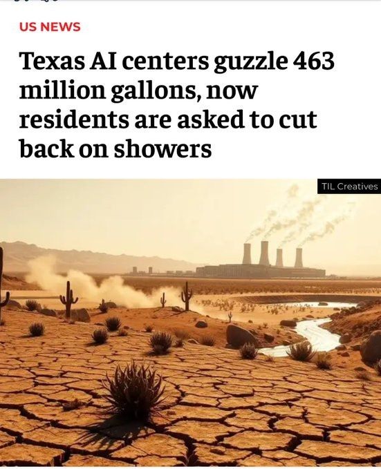 News headline: texas residents asked to cut back on showers for sake of AI centers