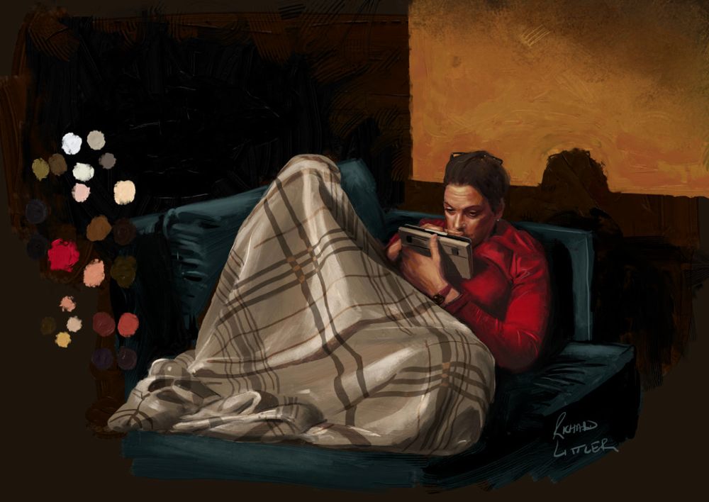 Digital painting of a woman lounging on a sofa under a blanket. She's engrossed in something she's reading on a tablet