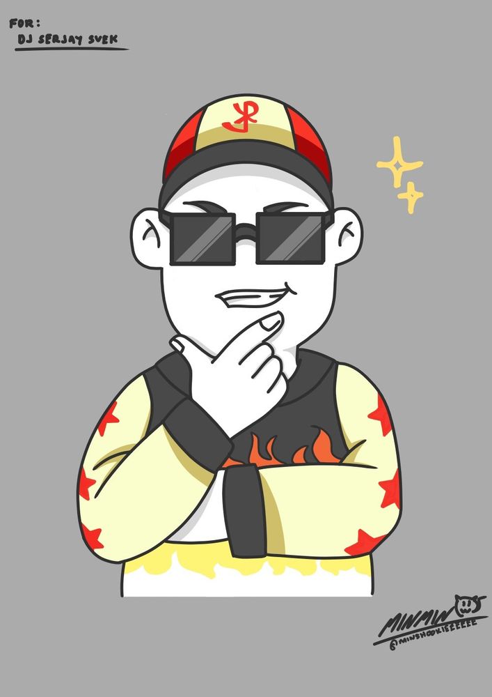 Serjay Svek smiling while resting his thumb and index finger on his chin, two sparkles shown near his left ear. A caption on the top left reads: "FOR: DJ SERJAY SVEK".