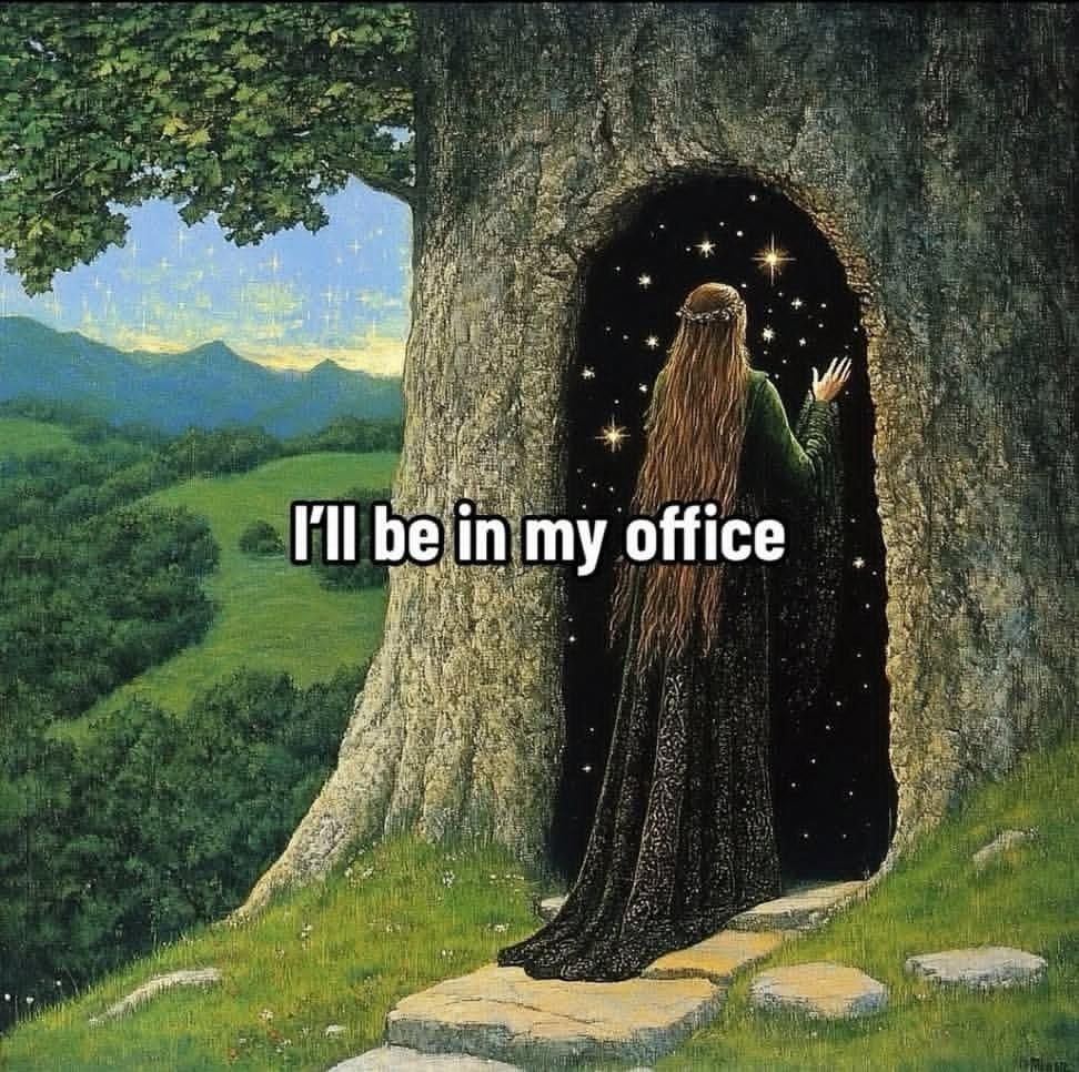 A medieval looking woman walking through a doorway carved into a tree, but on the other side of the doorway is blackness and stars