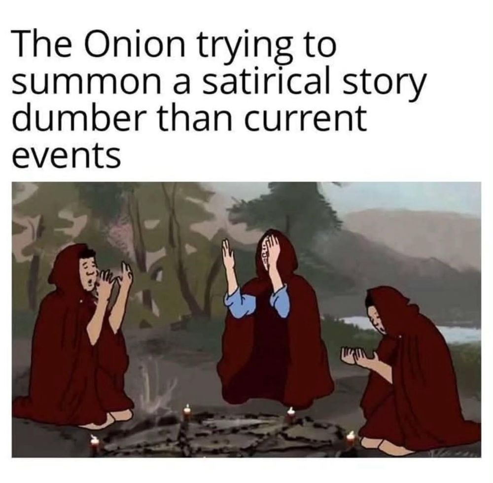 And illustration of three witches around a magic circle with the caption the onion trying to summon a satirical story dumber than current events