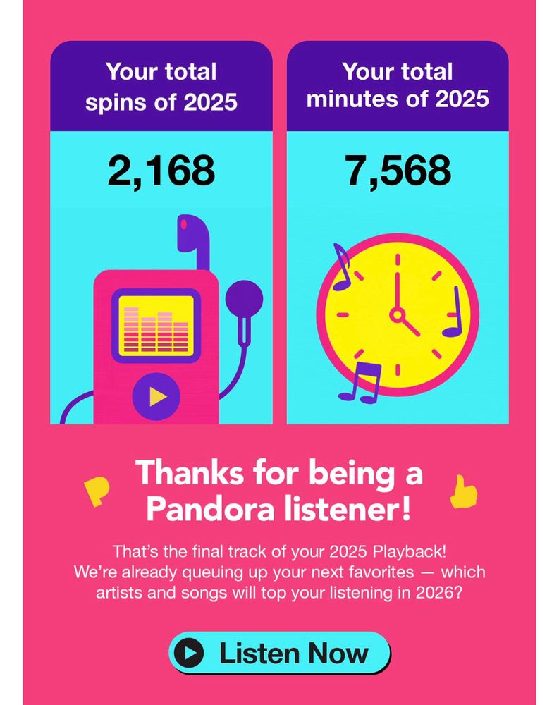 Total spins of 2025 - 2,168
Total min listening to Pandora in 2025 - 7,568