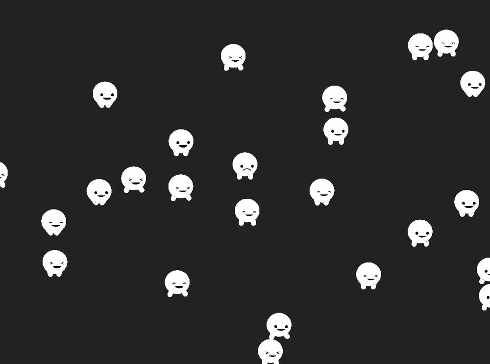 A group of small round characters as they walk across the screen from left to right with varying expressions of joy and sadness.