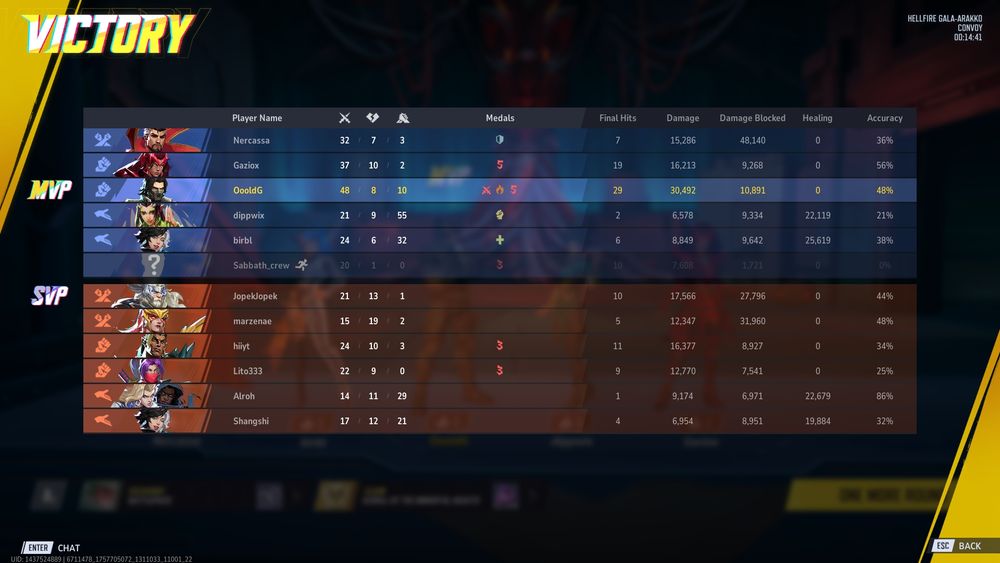 Marvel Rivals scoreboard showing my team winning 5v6 with me being MVP on Bucky with 29 final blows