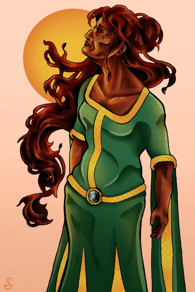 A 3/4 portrait of a princess or queen (maybe queen because she's older, actually). She is wearing a green gown with yellow/golden embroidery and embellishments. The sleeves of her gown drape to the floor. She is looking upwards to her left expression yearning. Her long brown hair flows around her frame, movement inspired by the artworks of Alphonse Mucha. The woman has dark brown skin.