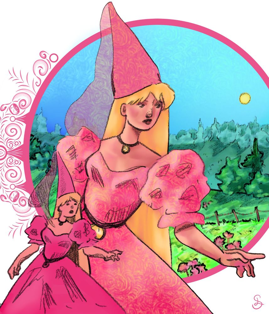 A digital illustration of a princess, clad in a stereotypical pink ballgown and cone hat. She has tan skin and long, blonde hair. Behind her is a wide, open expanse of fields. The composition places these fields in a circle, which is decorated on the far left side.