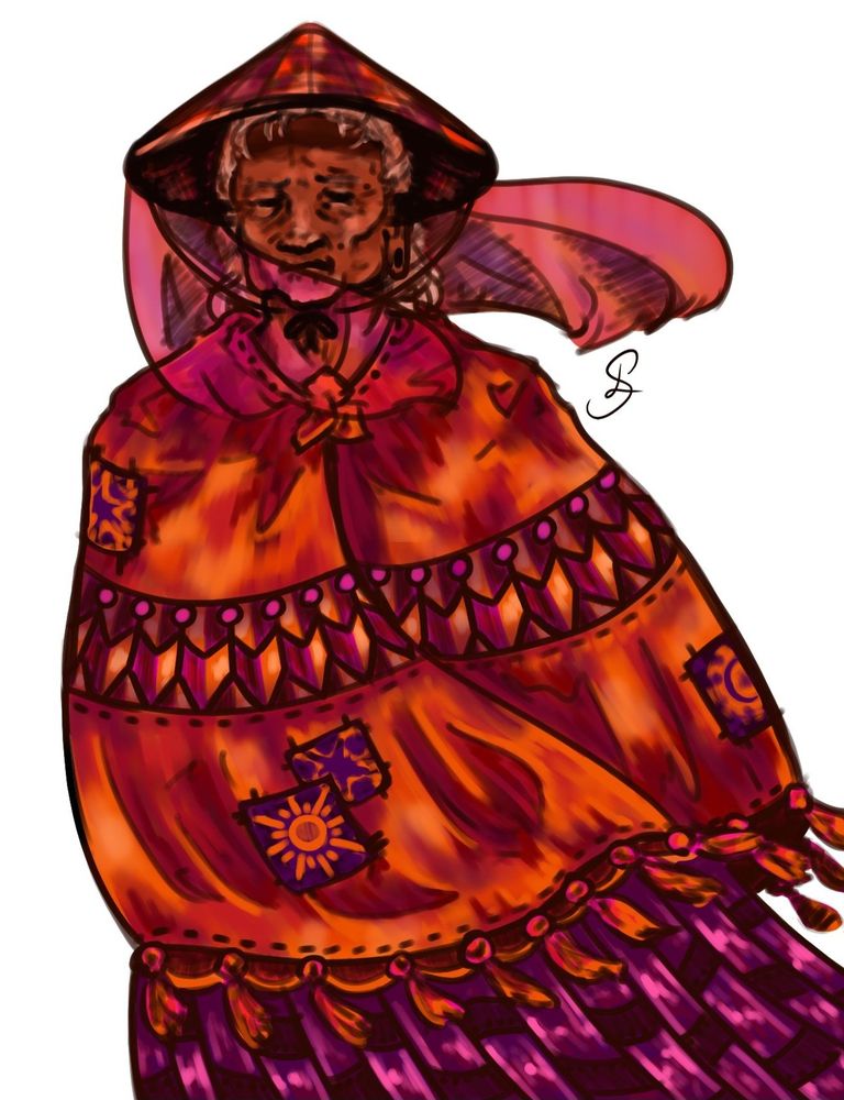 A portrait of an old lady, wearing a cloak, skirt and a hat loosely inspired by rice farmers. The portrait is warm toned: her skirt a magenta, her cloak an orange and her hat surrounded by a sheer pink veil. 