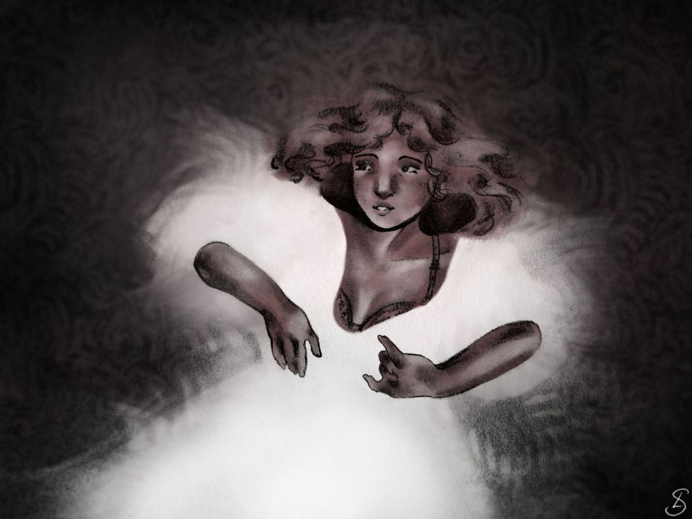 An illustration of a ghostly woman, floating in a shadowed room. Her white ballgown fades into the wallpaper and her hair floats around her face. The character is an oc.