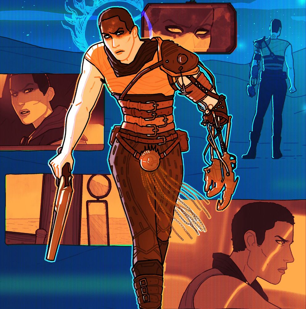 an illustration of imperator furiosa from mad max: fury road, with a warm-toned central image of her striding towards the viewer gun in hand, midground orange-toned panels of her and the war rig, and a background of her standing in the blue-lit desert at night looking up at the stars.