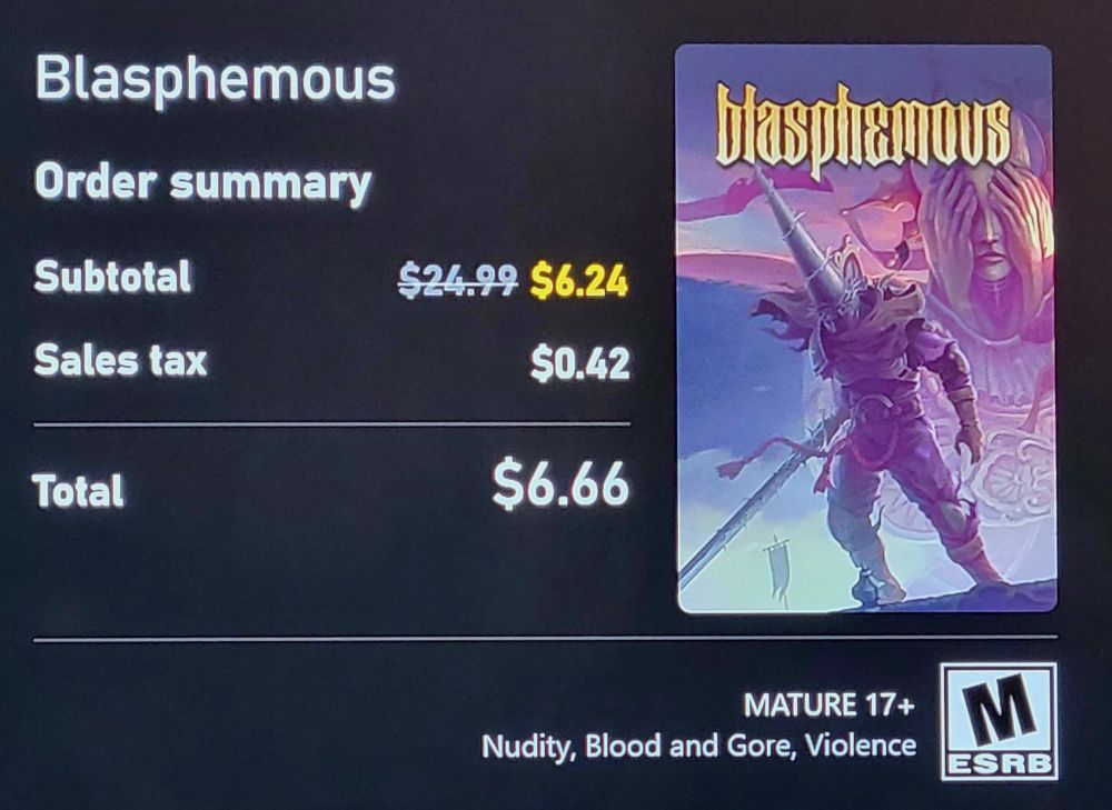 Order summary for the game Blasphemous. The total price after tax is $6.66
