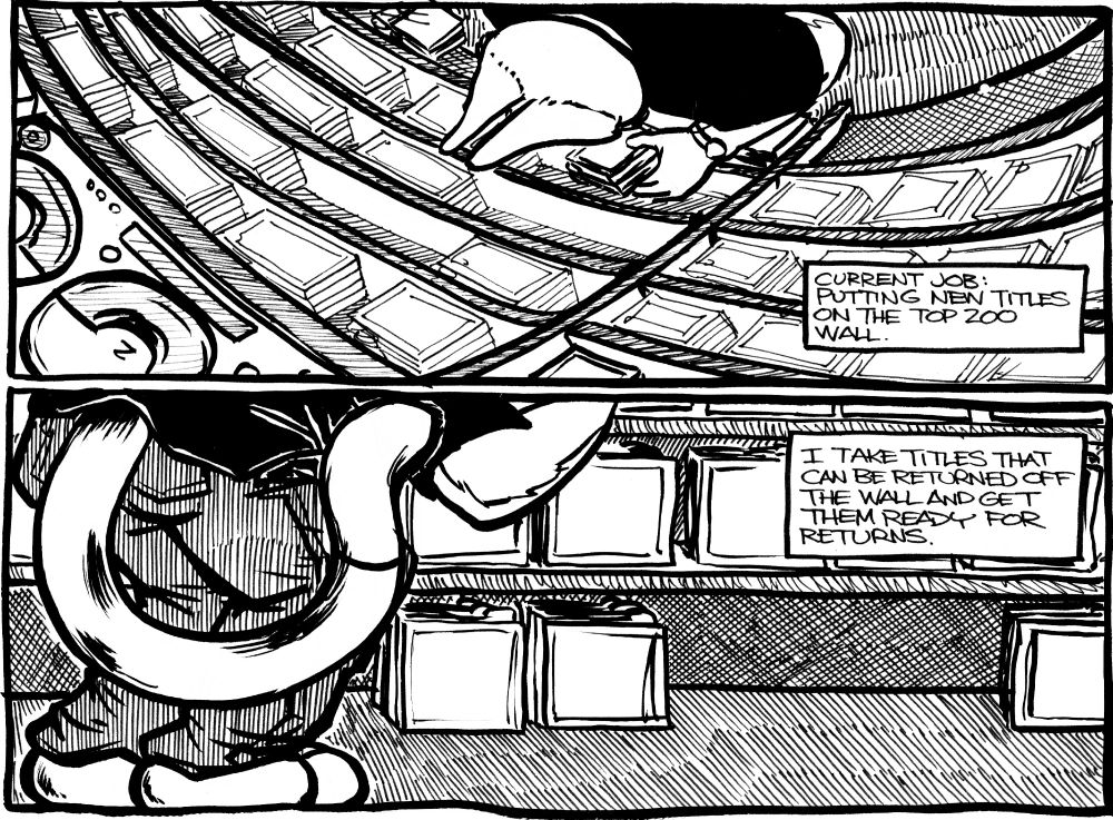 A two panel comic of Destroying The Illusion, June 6, 2006. First panel is an overhead shot of Eryshe (my earliest offical fursona) putting out CDs in a record store. Caption- Current Job: Putting new titles on the Top 200 wall. Second panel shows Eryshe from the lower half putting out CDs, with his tail mostly in the panel. There are CDs that are stacked on the floor in an orderly manner. There are no depicted graphics on the CDs. Caption- I take titles that can be returned off the wall and get them ready for returns