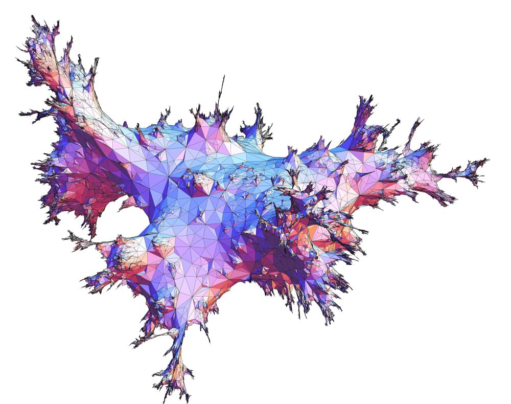 Image Source:
https://perso.ens-lyon.fr/thomas.budzinski/pictures.html
and
https://plus.maths.org/content/random-surfaces-universe#maths

"This picture represents a uniform triangulation of the sphere with over 30,000 vertices.  Image by Thomas Budzinski, used by permission."