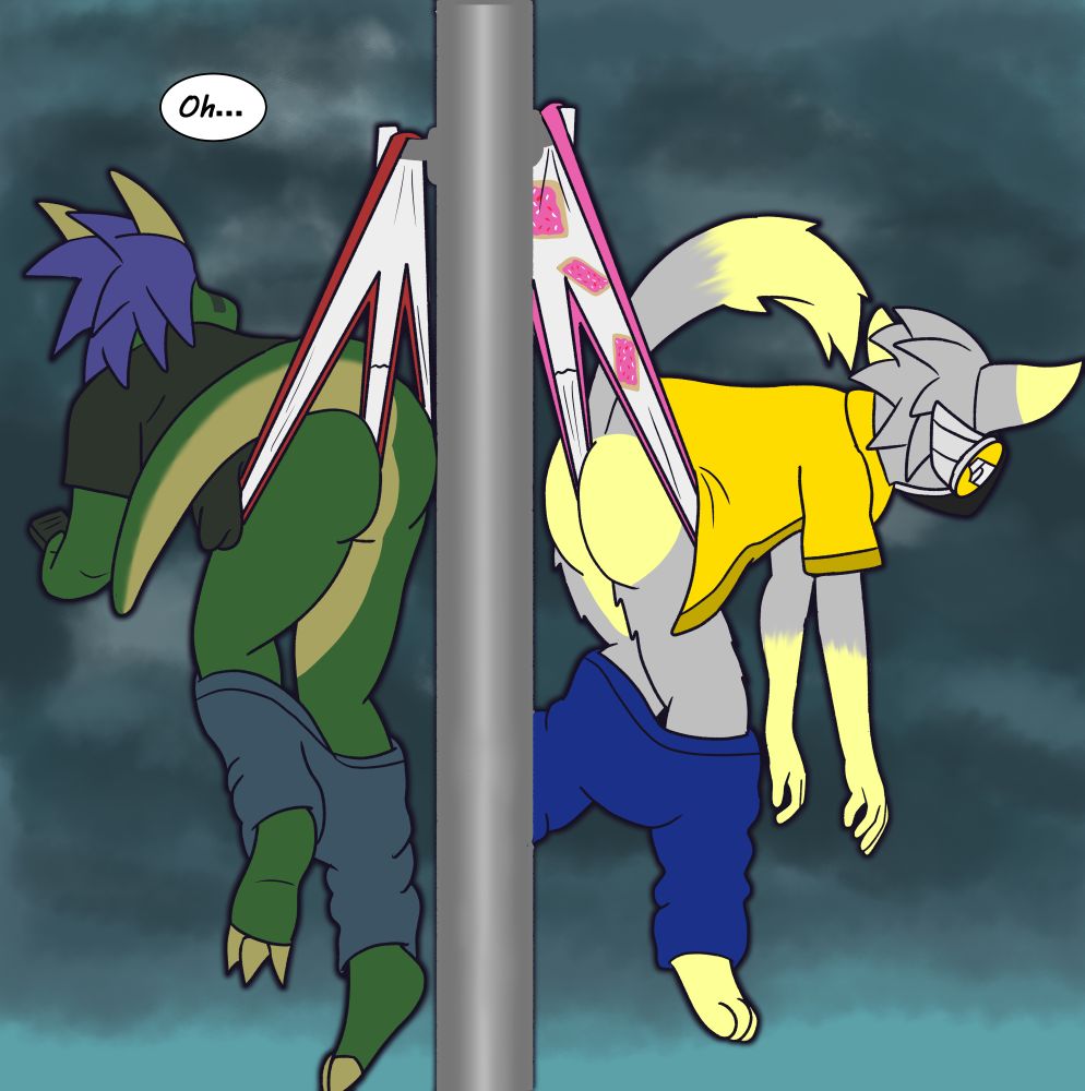 Back view of Hatio and Lol hanging by their underwear, exposing their naked rears. They both look at storm clouds gathering in the distance, while Hatio says a worried "Oh..."