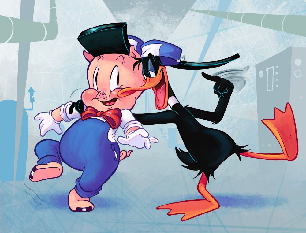 A painting of Daffy Duck and Porky Pig. They’re wearing their uniforms from Baby Bottleneck—blue work hats (oversized, in Daffy’s case), blue overalls, white shirt and a red bow tie for Porky. Daffy has his hand on Porky’s shoulder, dragging him close and knocking him off balance as they grin at each other. The background is abstract and made up of dull blues and greens, vaguely resembling a factory.
