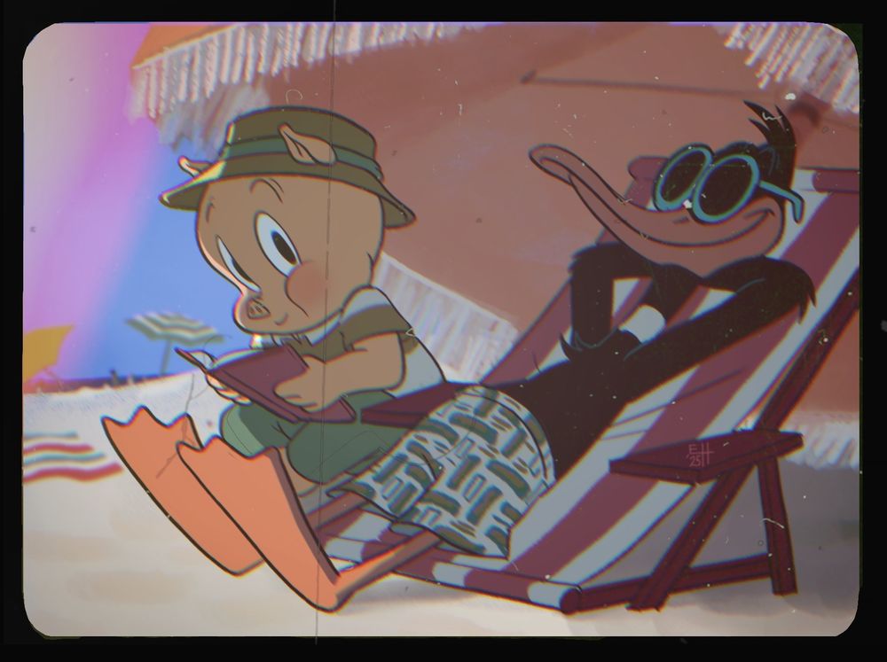 Porky Pig and Daffy Duck lounging on the beach under an umbrella. There's slight fading, blur, chromatic aberration and lens flare to make it look like an old slide from the '50s. Daffy is sitting in a lounge chair, whereas Porky is next to him, holding a book and looking at the camera.