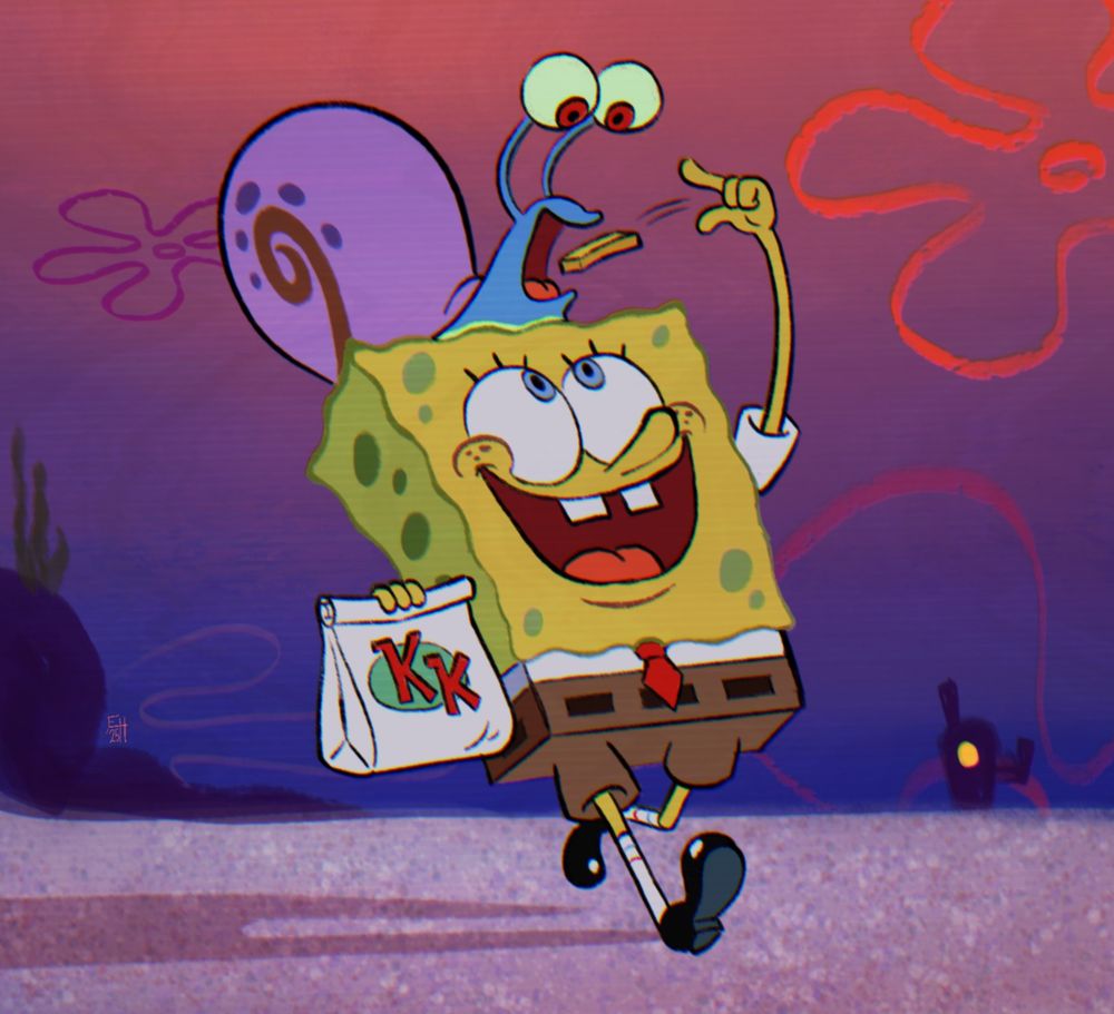 A drawing of SpongeBob and Gary. SpongeBob walks along at sunset with Gary on his head, tossing him a fry as he carries some Krusty Krab takeout.