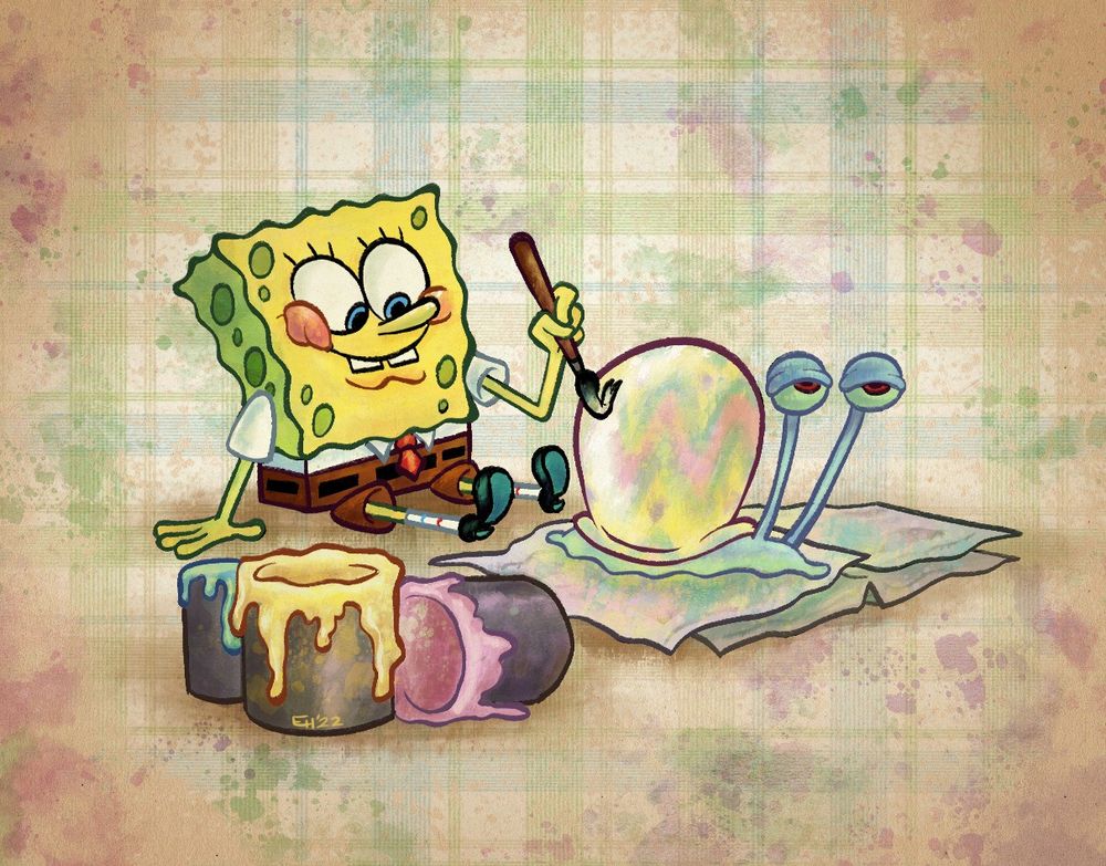 A drawing of SpongeBob painting Gary like an easter egg. Buckets of blue, yellow and pink paint are askew in the foreground, with Gary sitting on a pile of paint splattered newspapers. He has a bored expression, whereas SpongeBob happily paints an easter egg pattern on his shell.