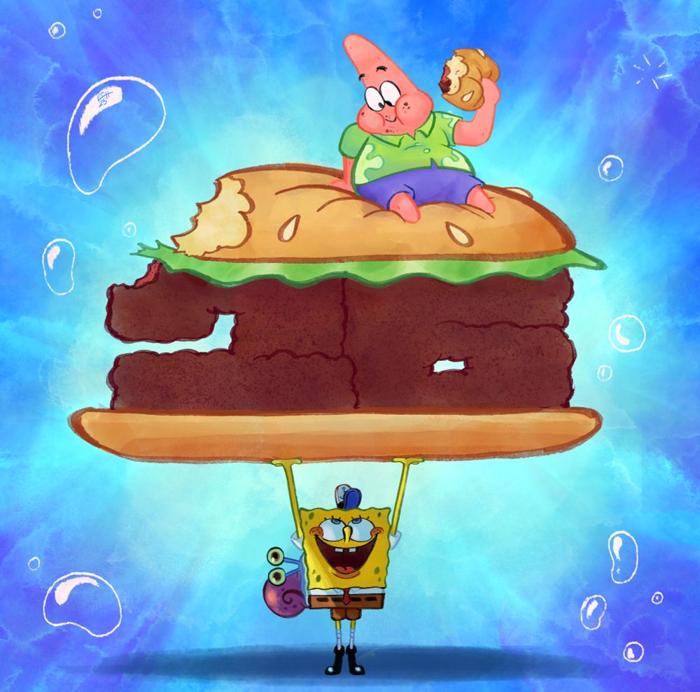 A painting of SpongeBob, Patrick, and Gary. SpongeBob is holding a giant krabby patty, cast in its shadow as the meat spells out a 26. There’s a bite taken out of it, which we see Patrick lounging on top of the bun, eating part of the patty and looking down at SpongeBob. He’s in his Patrick Star Show outfit, whereas Gary, in his Kamp Koral design, clings to SpongeBob’s side.